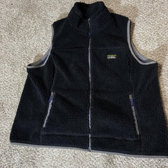 L.L.Bean Fleece Vest Mens XL Black Sherpa High Pile Lined Full Zip Pockets - Picture 1 of 9